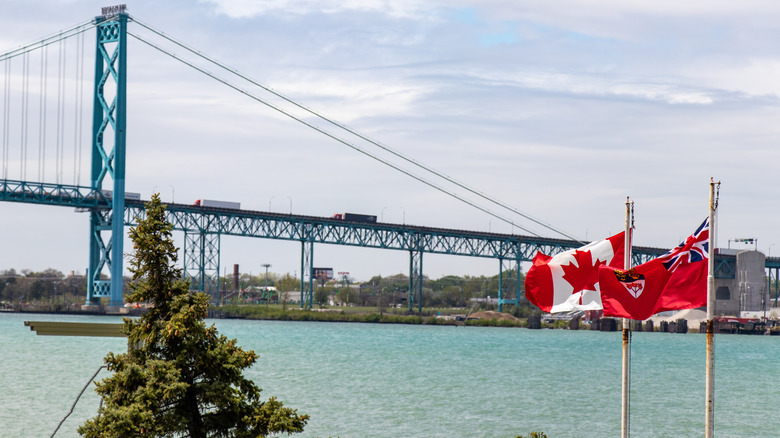 aerial photo of Detroit River at Ambassador Bridge