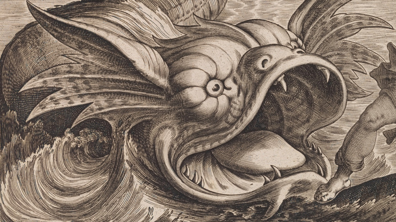 woodcut sea monster whale chasing guy