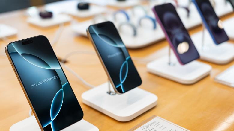 A row of iPhones displayed
