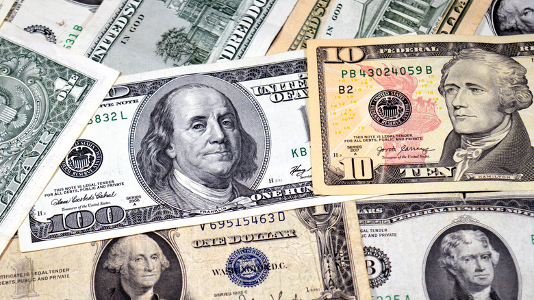 A spread of different dollar denominations