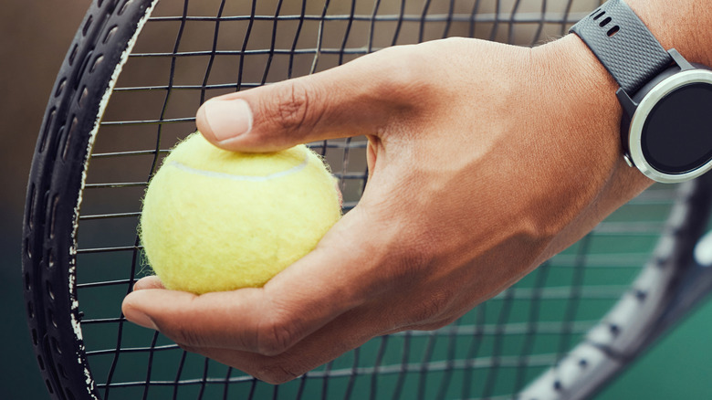A hand holding a tennis ball