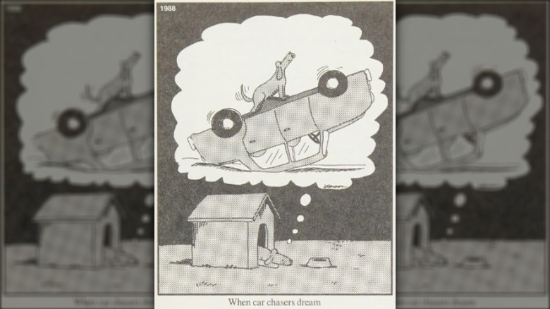 Far Side comic of Dog dreaming of catching car