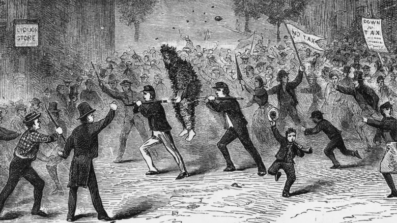 Illustration of whiskey rebellion rioters carrying tarred and feathered man