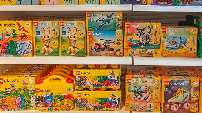 wall of lego toys on display