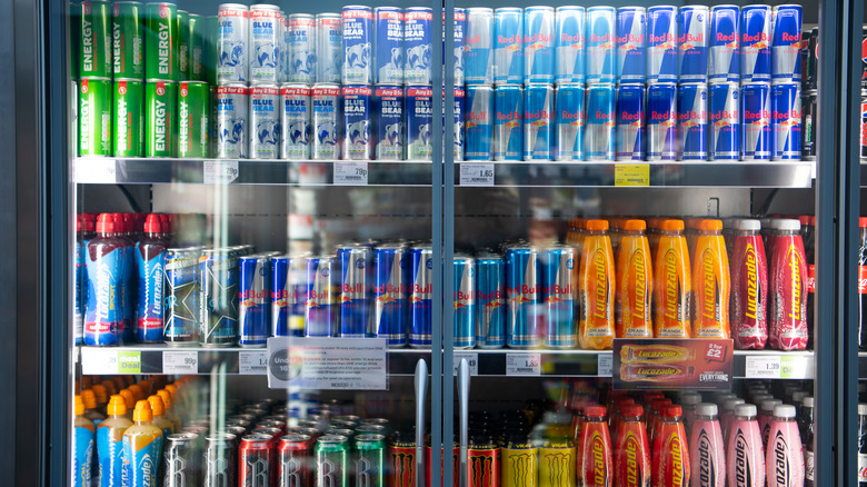 Energy drinks in a refrigerator
