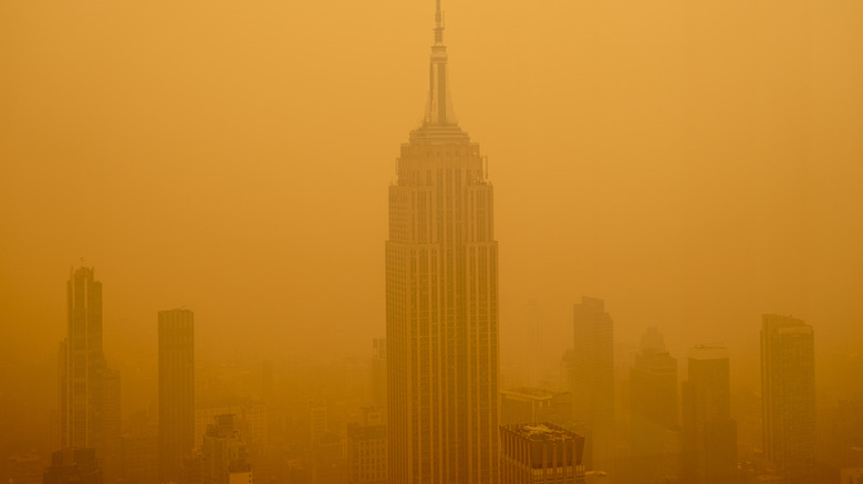 Empire State Building in smoke 2023