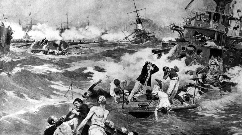etching of russian sailors on a sinking battleship