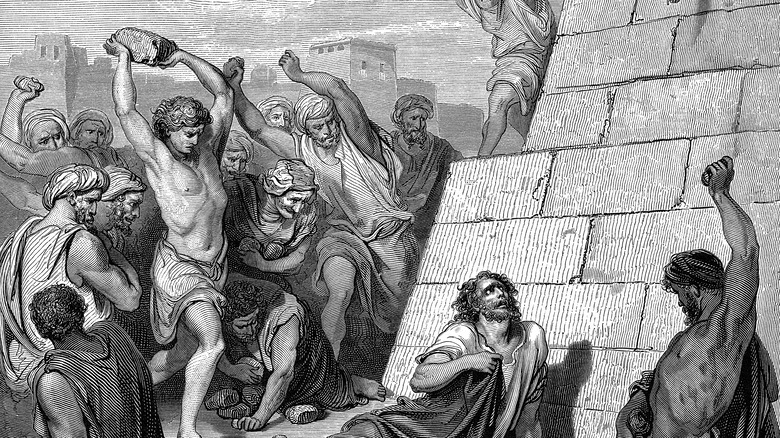 Illustration of men stoning martyr