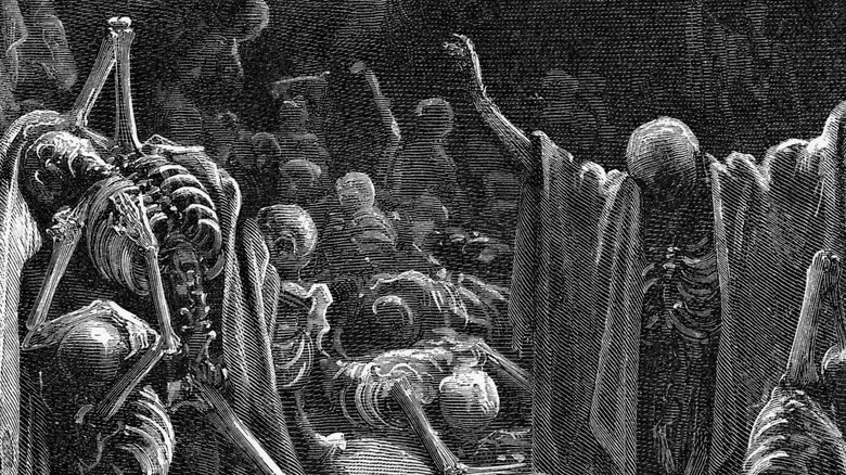 Skeletons in robes rising up