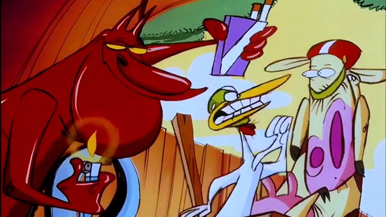 Chicken arguing with Cow while the Red Guy offers cigarettes and a lighter