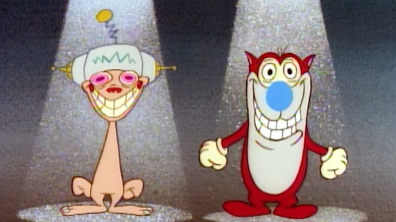 Ren wearing the happy helmet dancing with Stimpy
