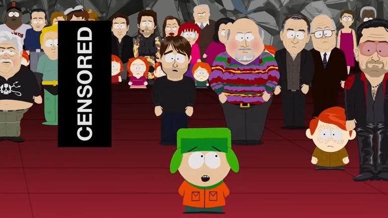 Kyle making a speech in South Park with a character censored by a black bar