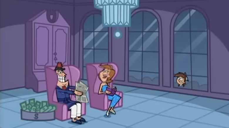 Timmy looking through the window as his parents relax in their mansion