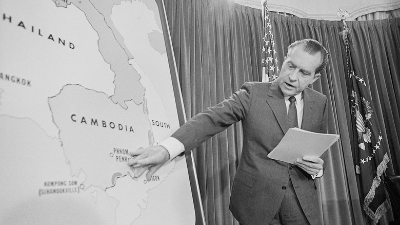 President Richard Nixon pointing at a map of Southeast Asia during an address to the nation