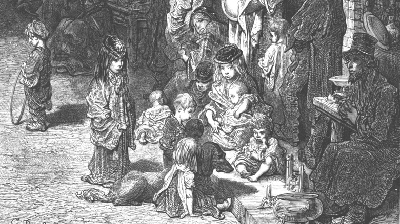 drawing of London slum with crowd