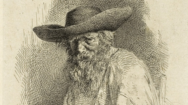 ink drawing of old man in hat
