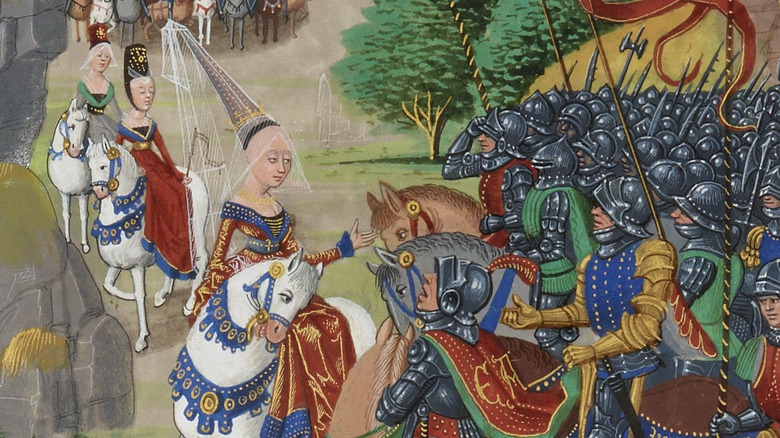 Philippa of Hainault riding a horse in a medieval book