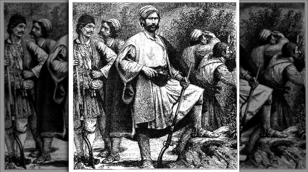 Engraving of the Bandit of Paris in captain morgan pose