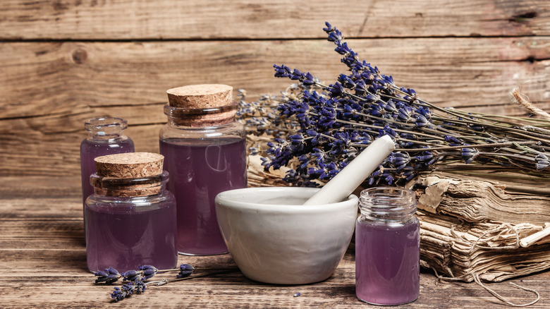 vintage cosmetics bottles and lavender