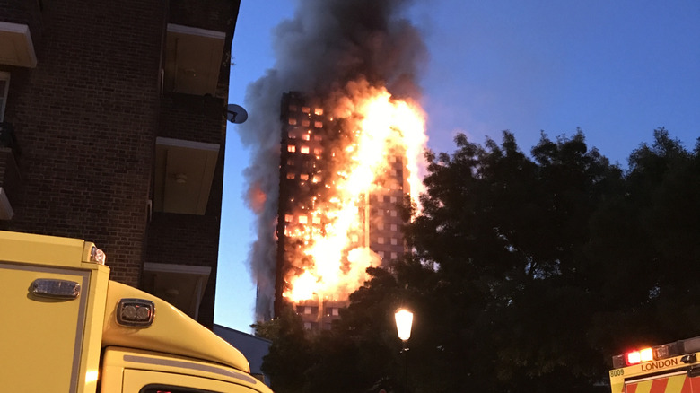 Grenfell Tower in a flames in 2017