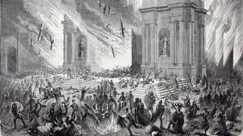 A drawing of people fleeing from the Iglesia de la Compañía Fire in 1863