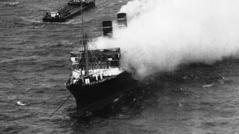 An ariel view of the SS Morro Castle on fire in the ocean, 1934