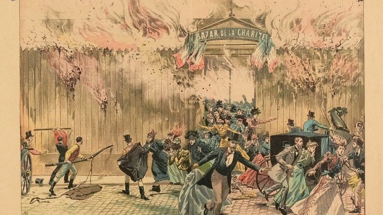 A drawing of people fleeing the fire tearing through the Bazar de la Charité in 1897