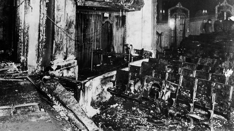 The stage and front rows of the Iroquois Theatre after the fire in 1903