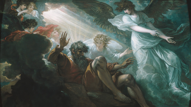 Moses reacting to seeing the promised land with an angel