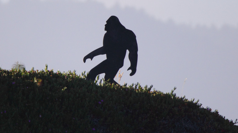 Bigfoot silhouette walking uphill