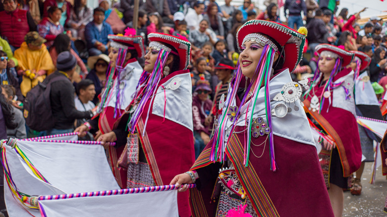 Uru women in traditiona costume, Bolivia