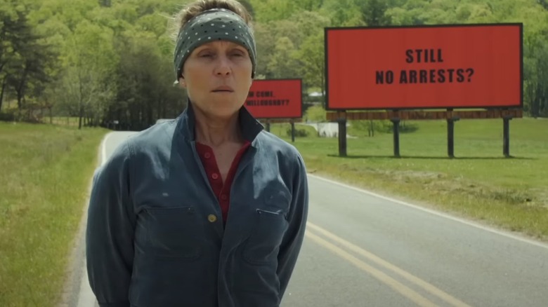 Frances McDormand in front of Three Billboards
