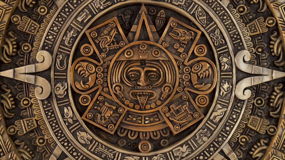 Closeup of a reproduction of the Aztec sun stone