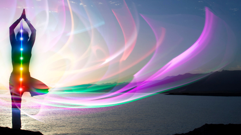 Meditating woman radiating indigo aura