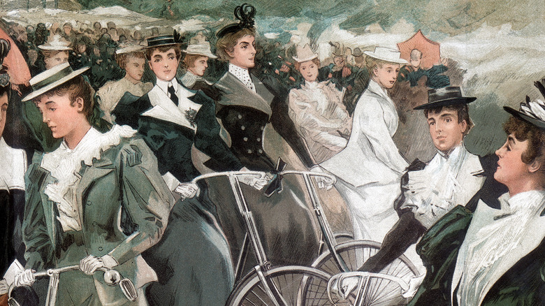 Painting of Victorian women and bicycles 