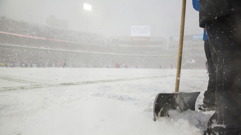 Snow on football field