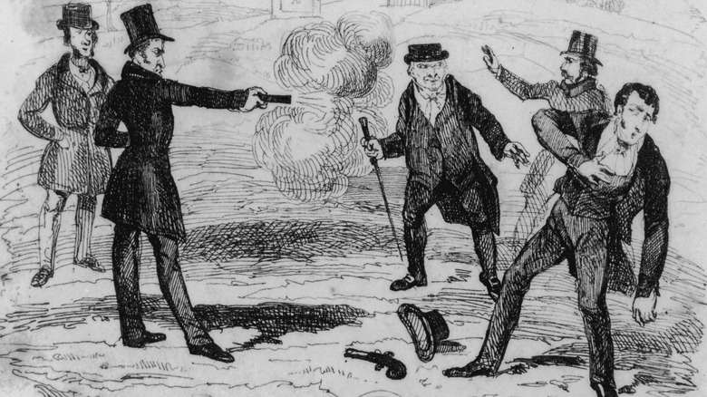 Drawing of people dueling