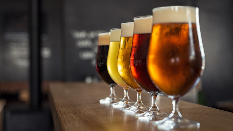 Glasses of beer on a bar