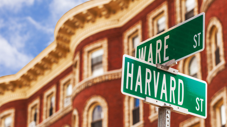 Harvard University street sign and building