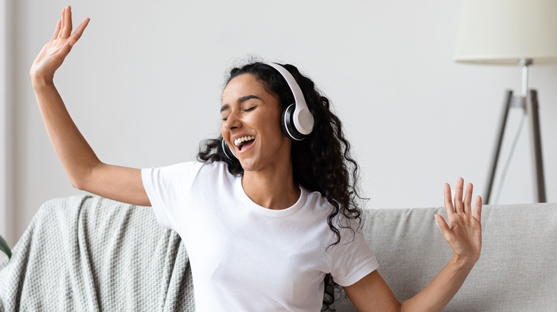 Woman listens to music