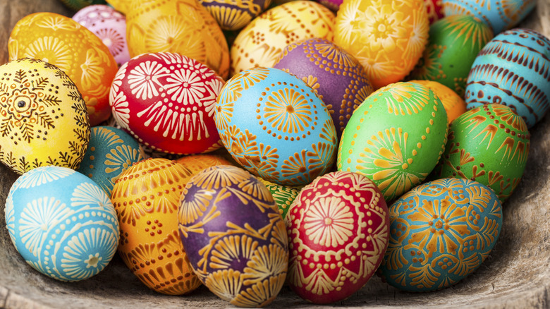 Brightly colored pysanky eggs