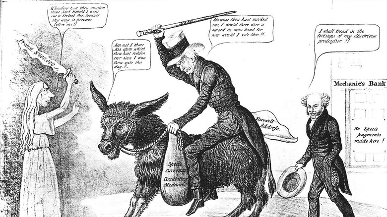 political cartoon of jackson riding donkey and van buren following