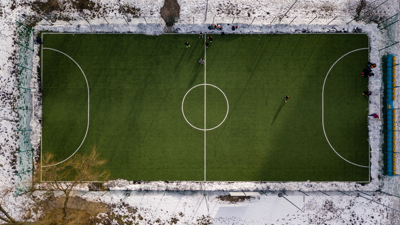 Snow covered football field 