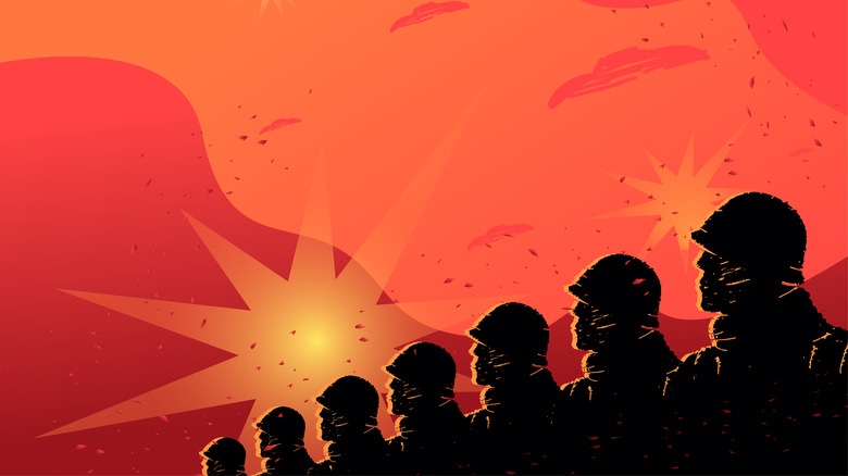 silhoette of soldiers standing in line