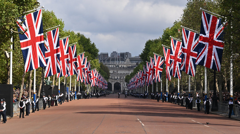 Union flags are seen lining The Mall, London, England