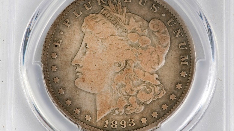 Close up of a rare 1893-S Morgan silver dollar
