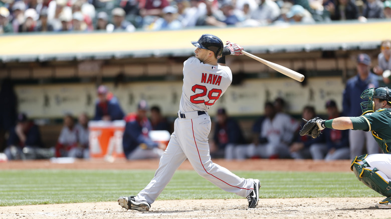 Daniel Nava hitting ball at bat