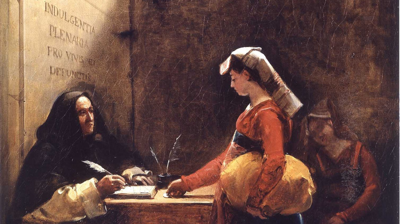 1825 painting of medieval girl buying indulgence from priest