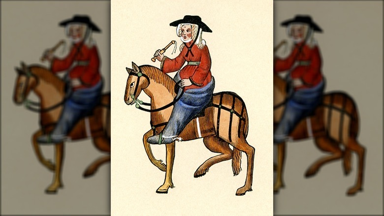 Illustration of Wife of Bath adapted from Ellesmere Canterbury Tales manuscript