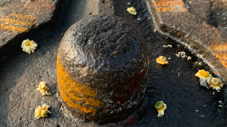 shiva linga black and brown rock flowers